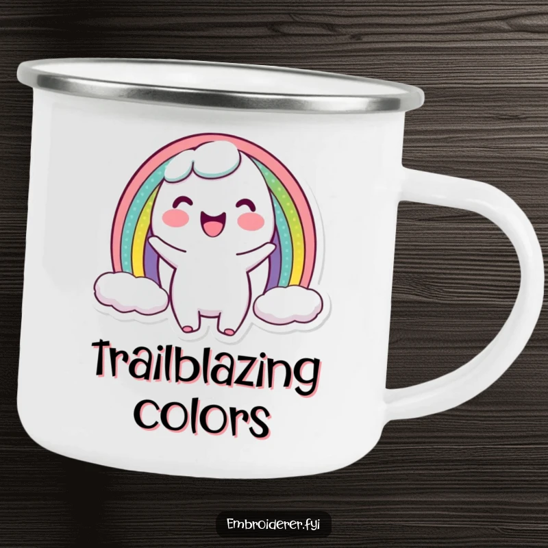 Funny camping mug with a character proudly holding a miniature rainbow arc, perfect for outdoor crafting enthusiasts who love color and humor.