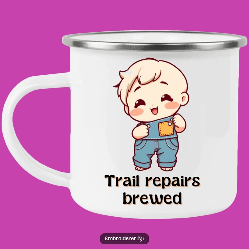 Funny Sewing Overalls Camping Mug: Cheerful Character Enamel Cup Gift