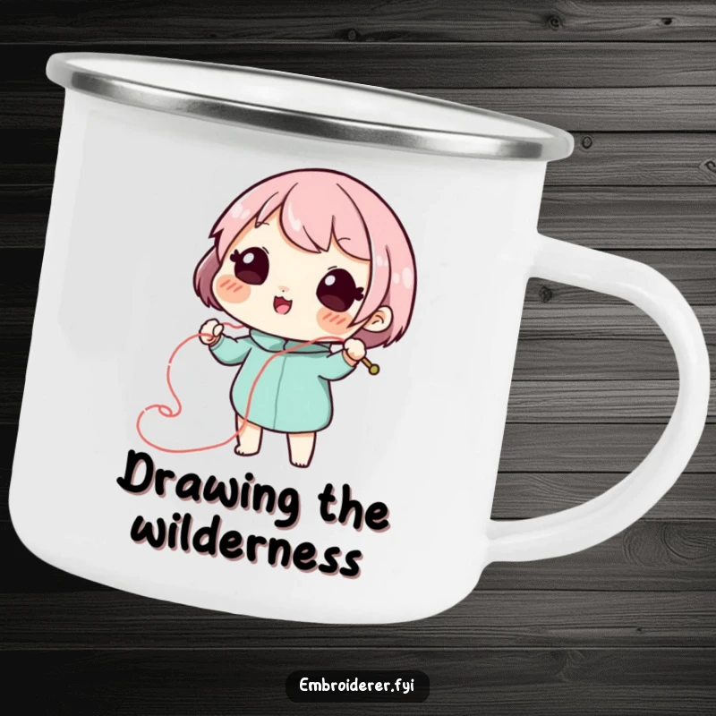 Funny stitch artist camping mug with a playful character drawing a swirling, decorative line with needle and thread, for outdoor use.