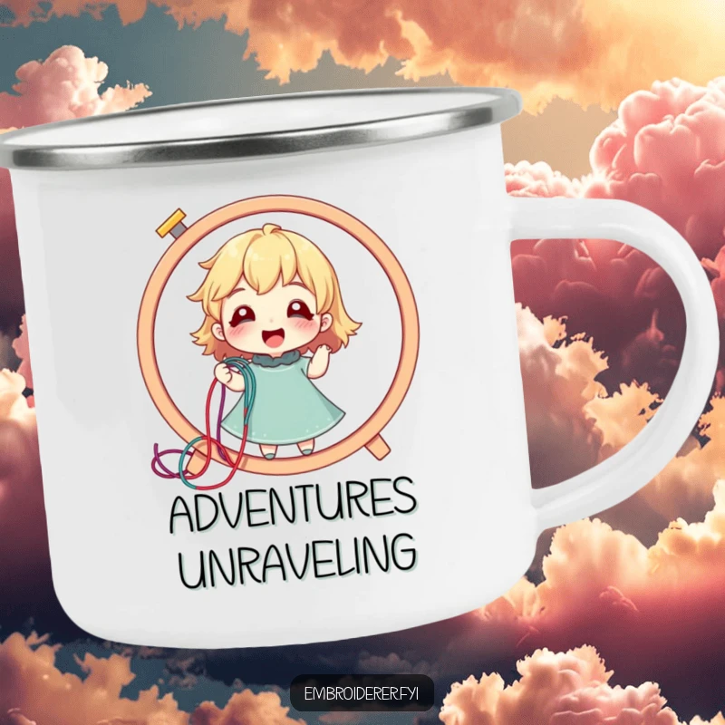 Funny camping mug with a delighted character pulling a colorful thread from an embroidery hoop, for creative adventures.