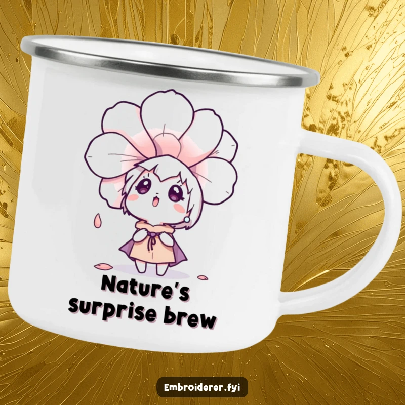 Funny character surprised by a falling embroidered flower petal, designed for a durable camping mug for outdoor observers.