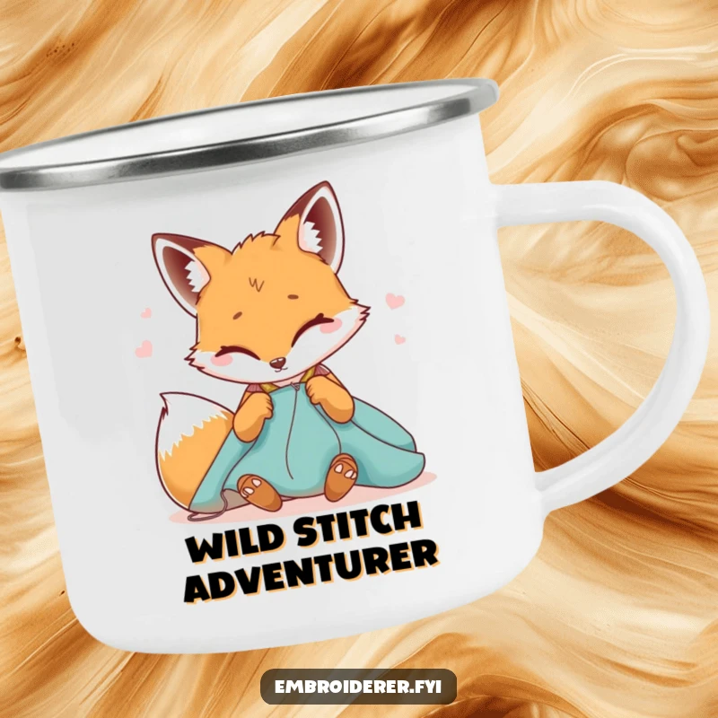 Funny camping mug with a winking fox sewing fabric, ideal for enjoying drinks with a humorous, sly touch outdoors.