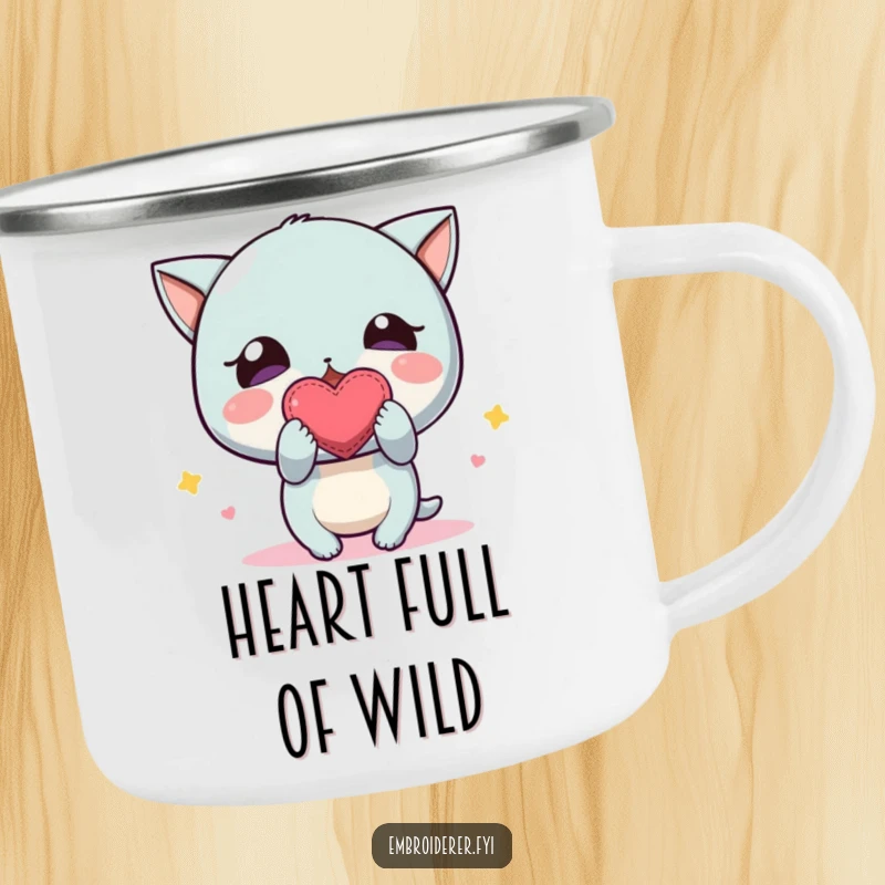 Funny Camping Mug: A character proudly holding a small, imperfectly embroidered heart, ideal for enjoying beverages outdoors.