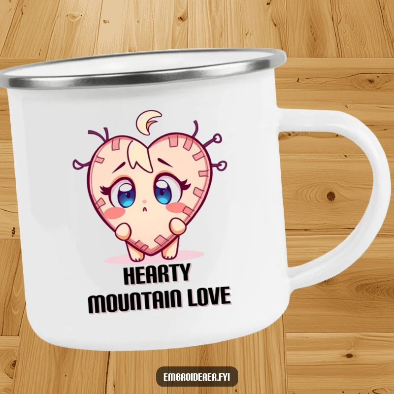 Funny stitch surprise camping mug with a character wide-eyed at a wobbly, half-finished stitched heart, for outdoor use.