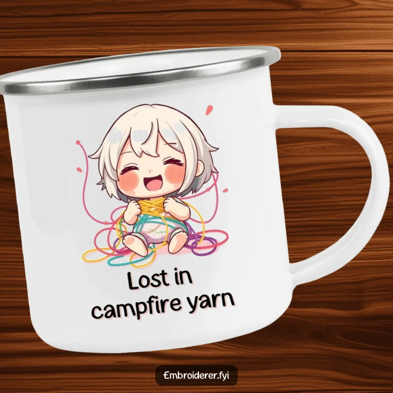Funny tangled thread camping mug, depicting a character giggling while tangled in embroidery thread outdoors, perfect for creative campers.