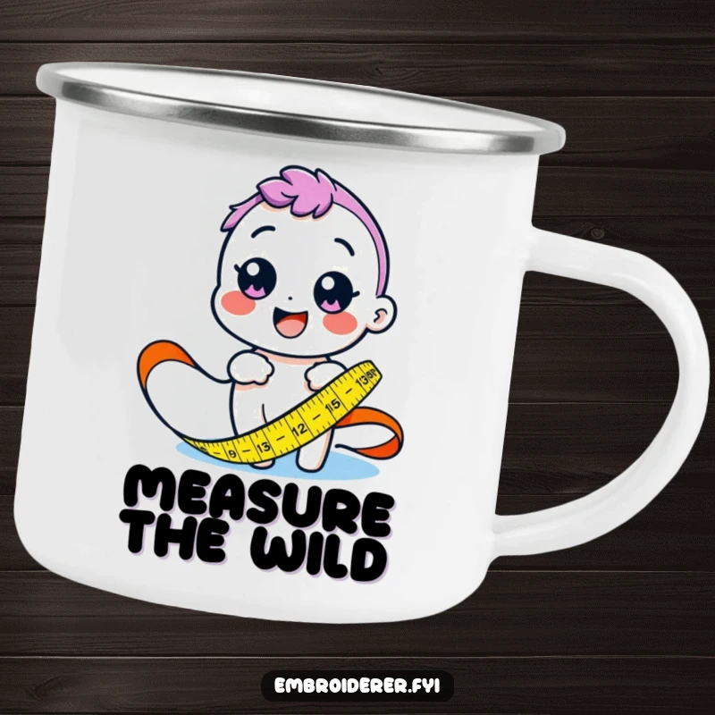 Funny camping mug with a happy character measuring fabric with a colorful tape measure, symbolizing outdoor crafting precision.