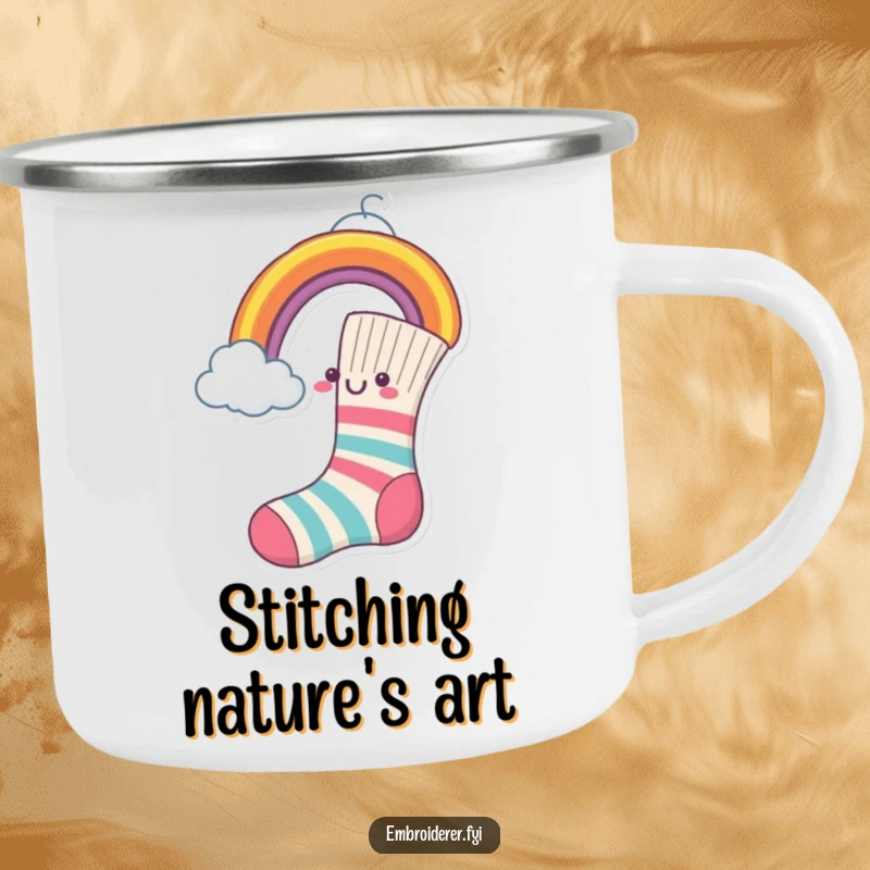 Funny Camping Mug with a cheerful sock sewing a rainbow onto a cloud.