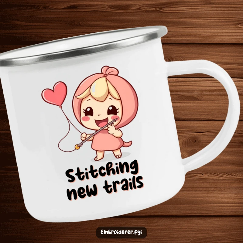 Funny character stitching a flying heart icon with a giant needle, designed for a durable camping mug for creators.
