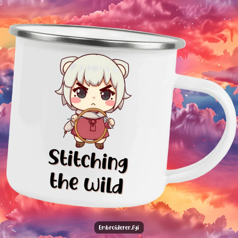 Funny camping mug depicting a determined character engrossed in needlepoint, perfect for outdoor adventures and crafty inspiration.