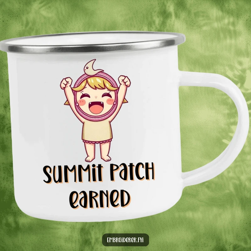 Funny embroidered patch camping mug, depicting a character holding a beautiful embroidered patch outdoors, perfect for proud crafters.