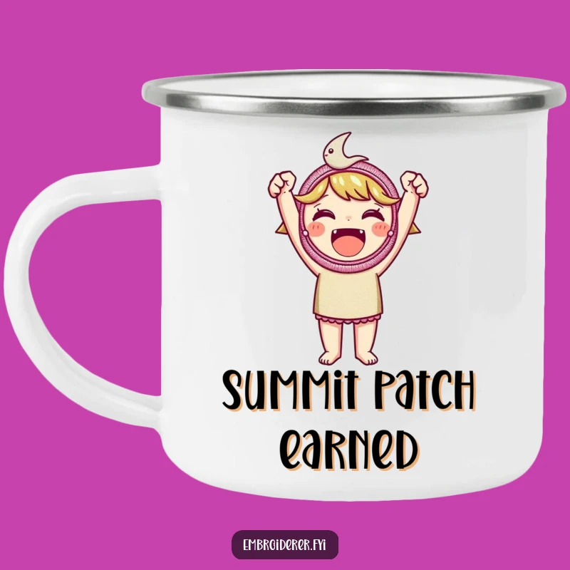 Funny Embroidered Patch Camping Mug: Durable Crafter's Enamel Cup, Victorious Outdoor Gift