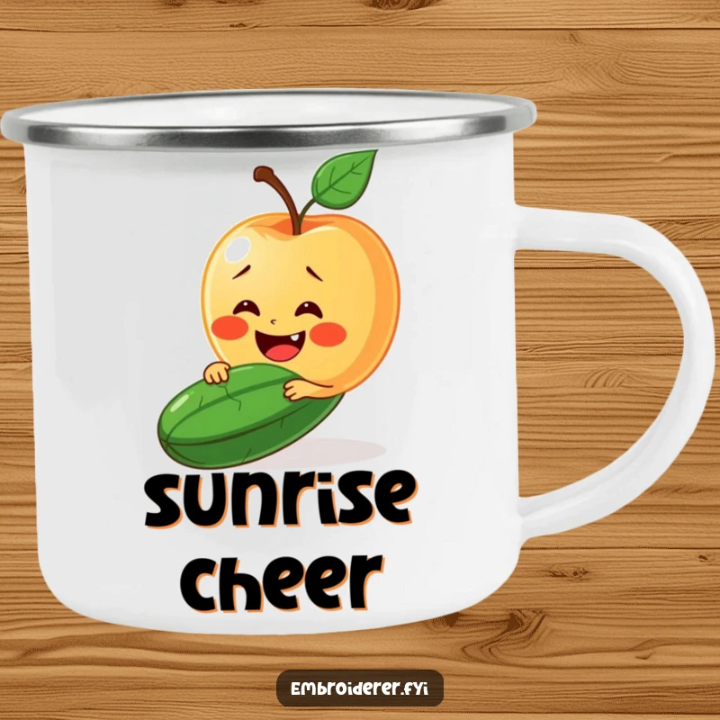 Funny camping mug showing a delighted apple trying to stitch a smile onto a grumpy cucumber's face.