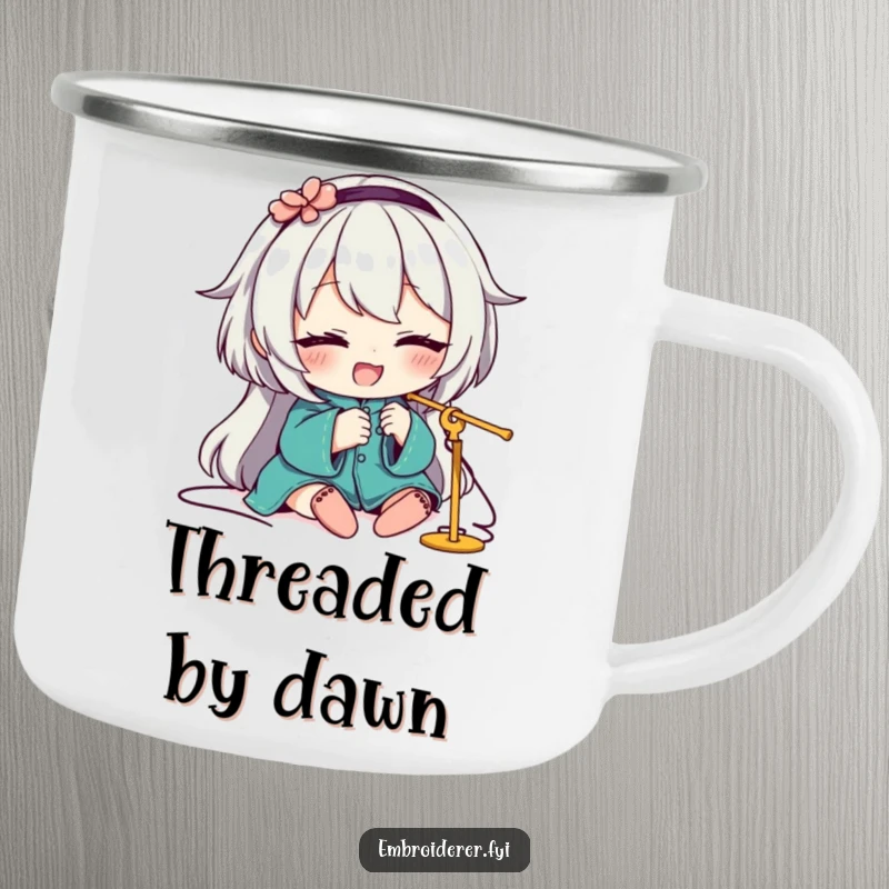 Funny Camping Mug featuring a character winking with skill while threading a needle, a humorous companion for outdoor crafting.