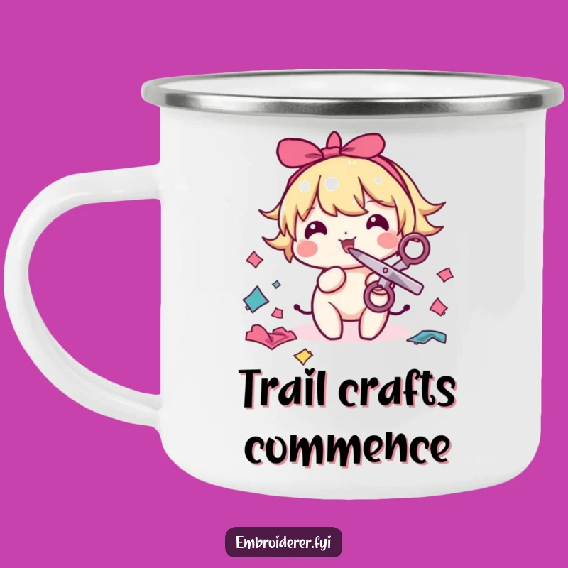 Funny Sewing Camping Mug: Sipping Coffee with a Snipping Fabric Character, Gift