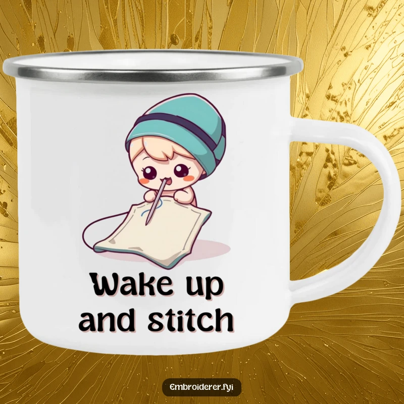 Funny Needle Camping Mug depicting a playful needle poking fabric, ideal for crafters who enjoy the outdoors.