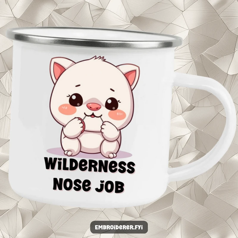 Funny camping mug depicting a mischievous character attempting to sew a tiny button onto its own nose, a humorous outdoor accessory.