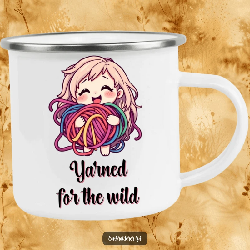 Funny camping mug featuring a smiling character looking bewildered but happy holding a tangled ball of colorful yarn.