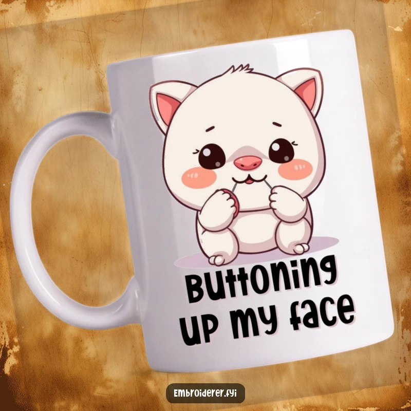 Funny mug depicting a mischievous character comically attempting to sew a tiny button onto its own nose, illustrating a sewing fail.