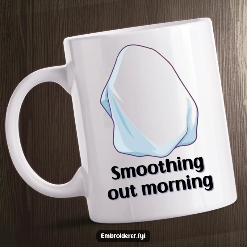 Funny Iron Mug showing a happy, contented iron smoothing out a wrinkled piece of fabric, exuding tidiness.