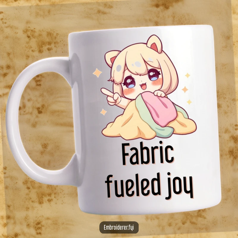 Funny mug featuring a character with sparkling eyes, excitedly pointing at a pile of fabric, celebrating the joy of sewing and textiles.