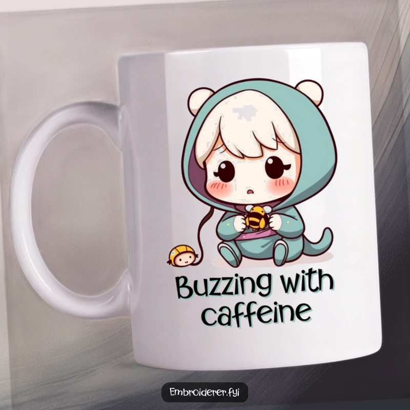 Funny Mug: A shocked character has accidentally sewn a tiny, buzzing bee into their project.