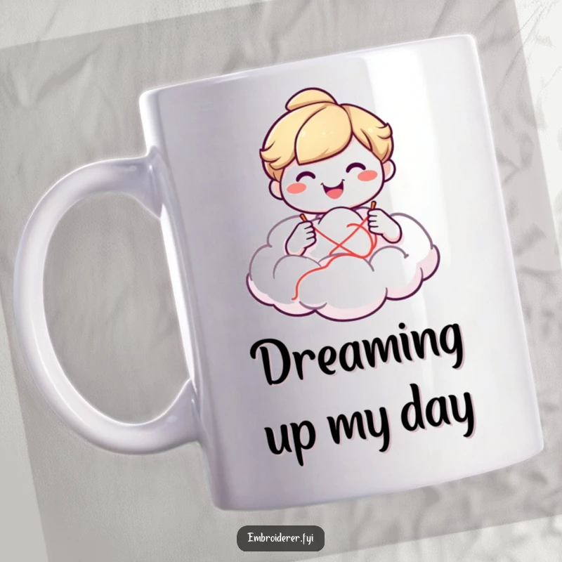 Funny smiling character using a needle and thread to create a fluffy cloud on a mug, conveying whimsical creation humor.