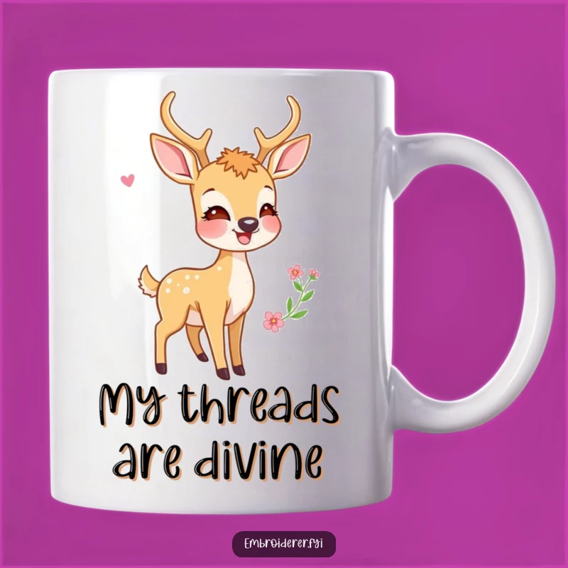 Funny Deer Embroidery Mug: A Joyful Crafter Admiring Her Work, Perfect Gift