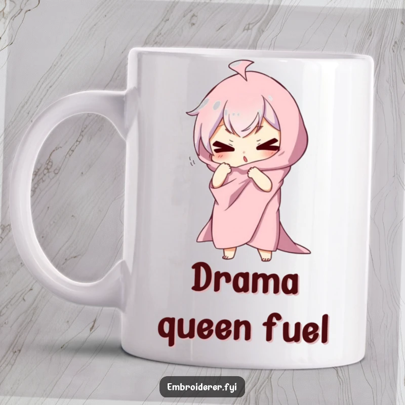 Funny mug featuring a character draped in fabric, striking a silly, dramatic pose with exaggerated flair, perfect for expressing theatrical personality.