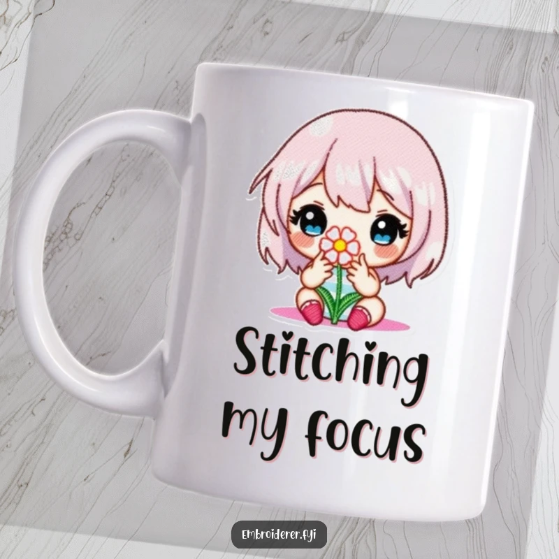 Funny mug featuring a character intently embroidering a tiny flower, capturing the essence of detailed craftwork.
