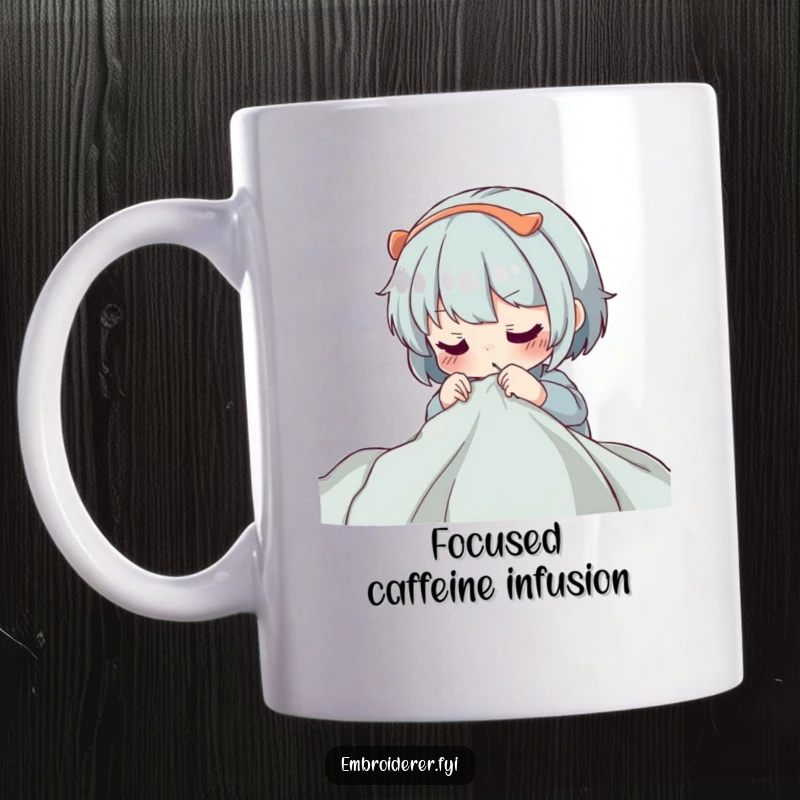 Funny Mug: A character concentrating intensely while guiding a needle through fabric, symbolizing deep focus in sewing and needlework.