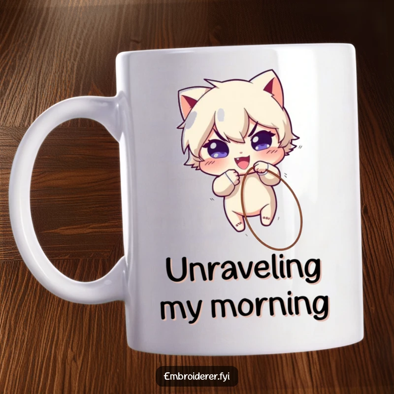 Funny Mug: Mischievous character playfully pulling a loose thread from fabric, a symbol of clever chaos and lighthearted disruption.