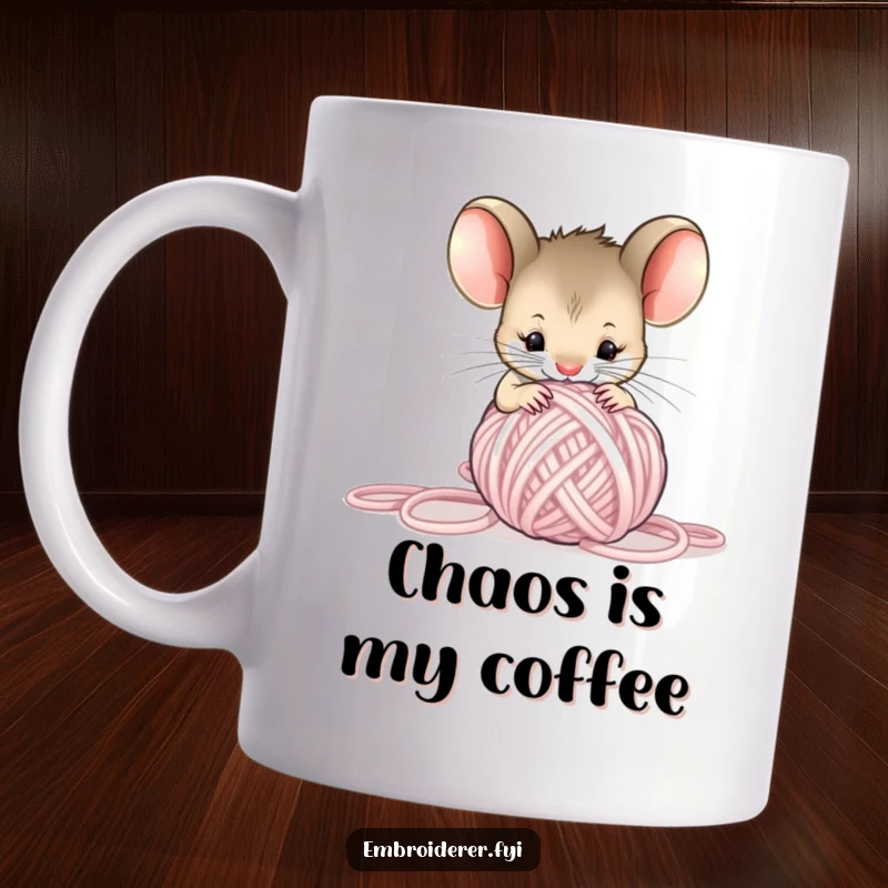 Funny Mouse Mug with a curious mouse investigating a tangled ball of yarn, cute and humorous gift for crafters.