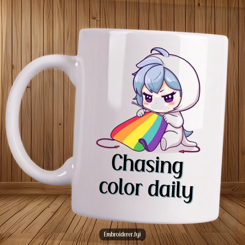 Funny Mug: A determined character uses a large needle to sew a vibrant, colorful rainbow, symbolizing hope.