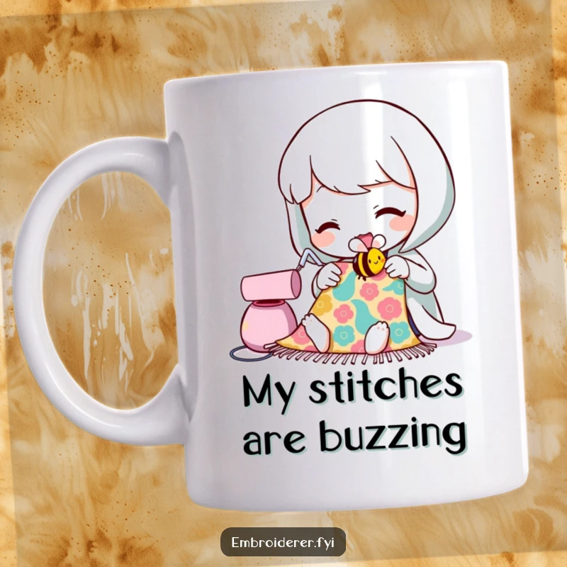 Funny mug showcasing a character joyfully sewing a tiny, smiling bee onto fabric, celebrating the art of crafting with humor.