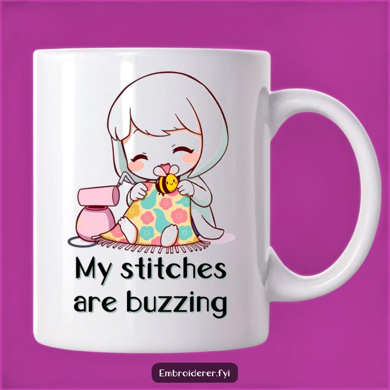 Funny Sewing Bee Mug: Adorable Character Crafting a Smile, Perfect Gift for Crafters