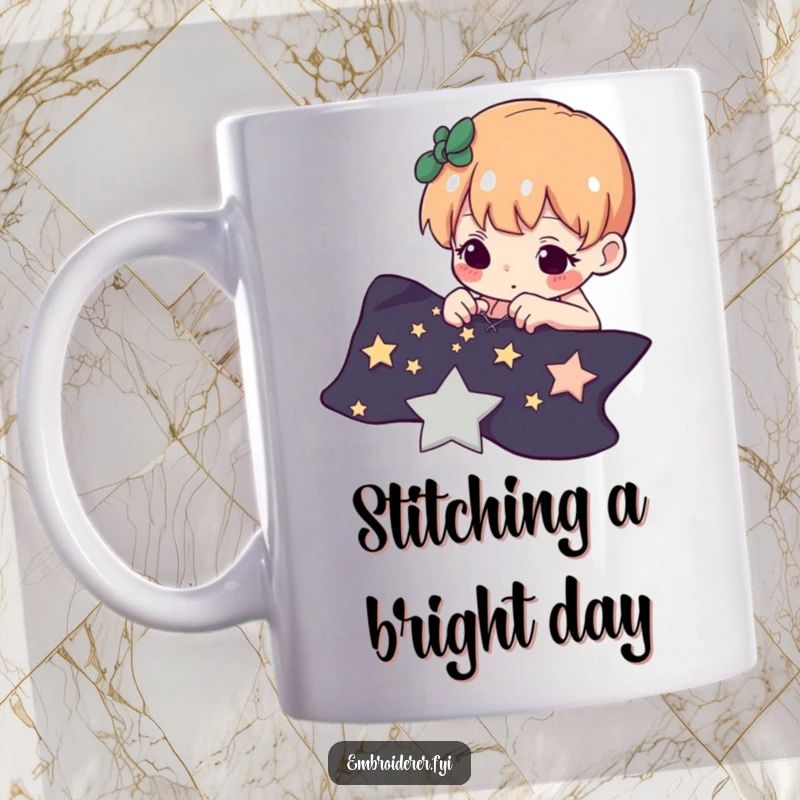 Funny mug featuring a determined character carefully stitching tiny stars onto a dark fabric, creating a celestial masterpiece.