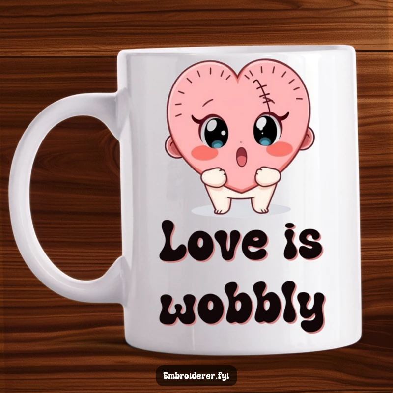 Funny mug featuring a surprised character looking wide-eyed at a wobbly, half-finished stitched heart.