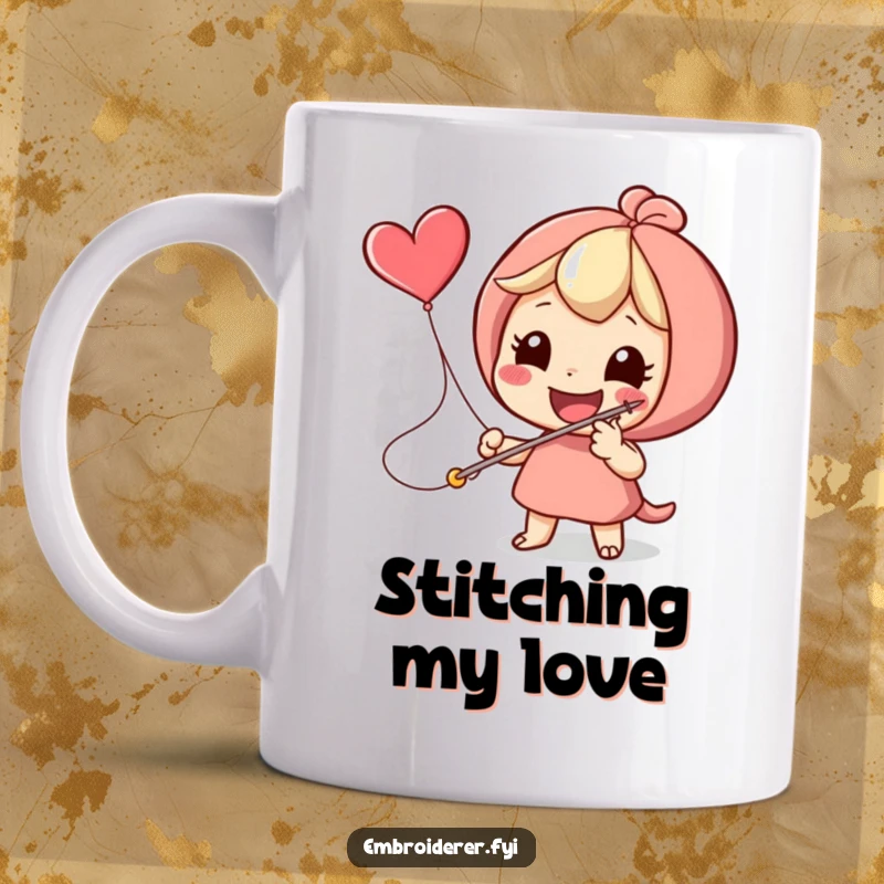 Funny, smiling character enthusiastically stitching a flying heart icon with a giant needle on a mug.