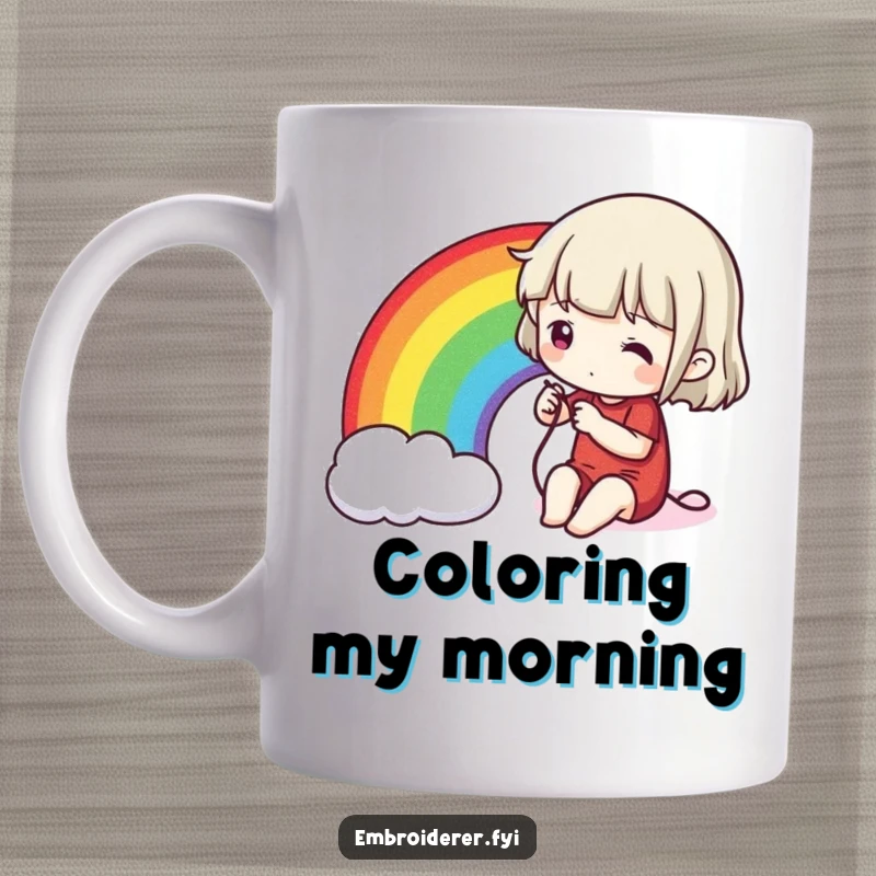 Funny stitching rainbow mug, showing a character meticulously sewing a bright, vibrant rainbow onto fabric with a needle and thread.