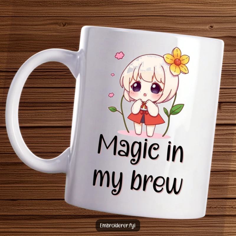 Funny mug showing a character’s surprised face as a beautiful embroidered flower magically appears before them, sparking wonder.