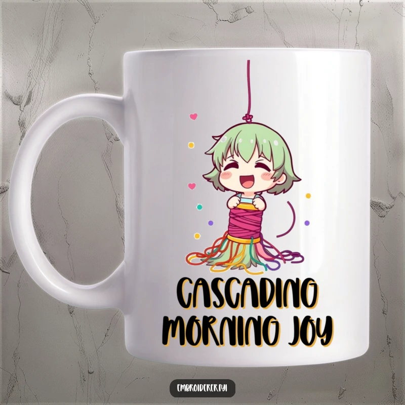 Funny mug showing a giggling character dropping a spool of thread, resulting in a vibrant, colorful cascade of yarn.