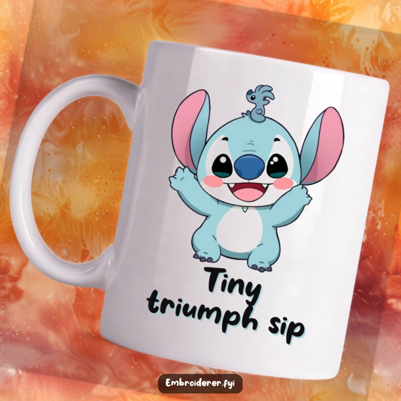 Funny mug with a delighted character proudly holding up a ridiculously small stitch, celebrating the joy of sewing and crafting detail.