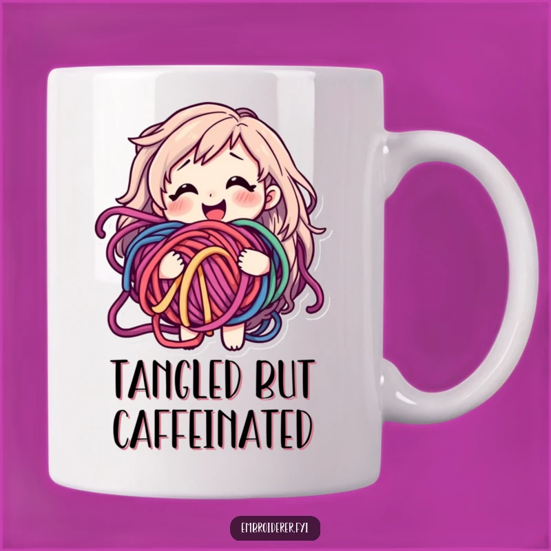Funny Yarn Tangled Mug: Happy Crafter Bewildered Smile Gift