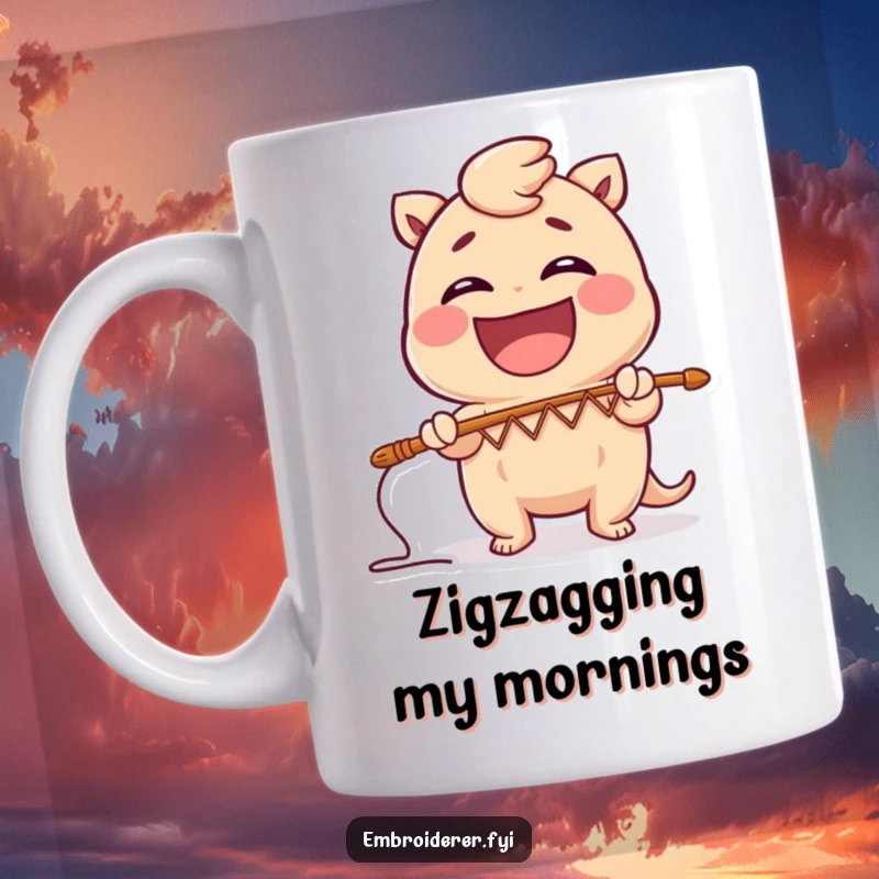 Funny mug with a laughing character creating a comical zig-zag stitch pattern using a large needle, celebrating imperfect creativity with humor.