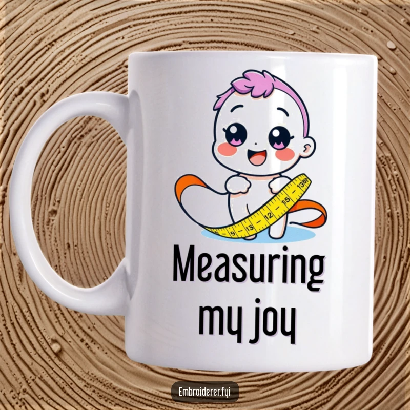 Funny mug with a happy character precisely measuring fabric using a colorful tape measure, embodying cheerful crafting.