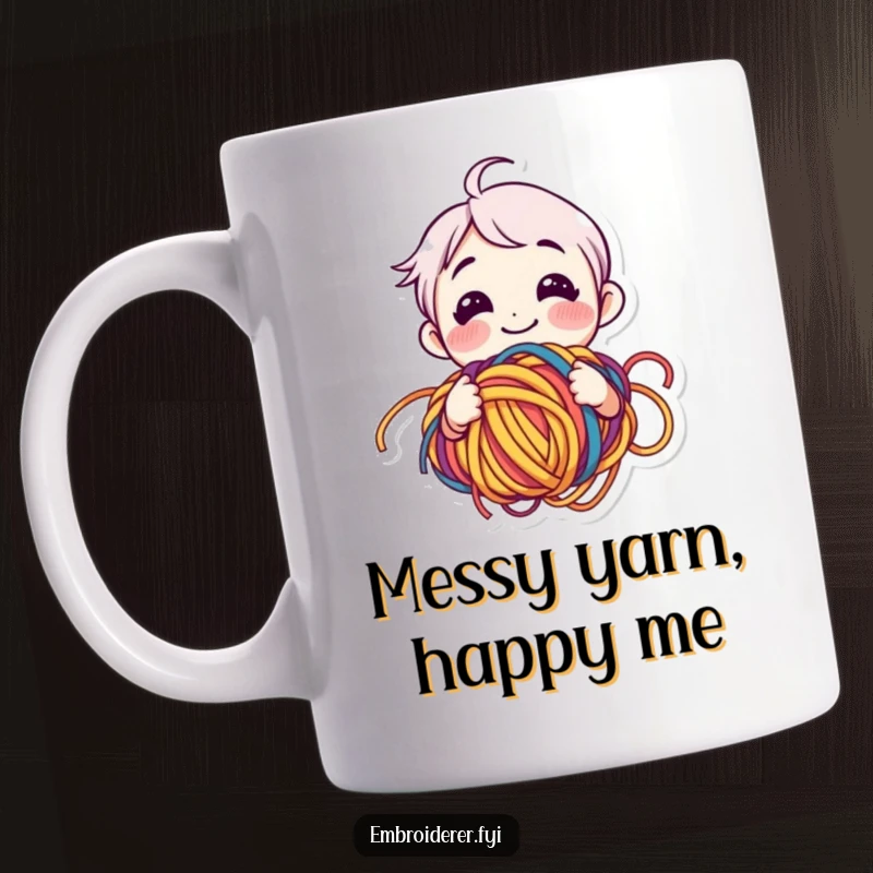 Funny yarn lover mug with a smiling character happily bewildered by a tangled ball of colorful yarn, celebrating craft chaos.