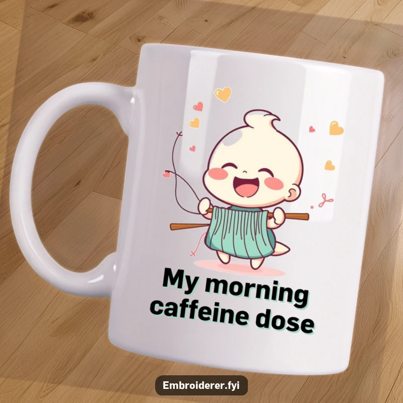 Funny mug featuring a cheerful figure laughing hysterically as colorful stitches fly from a needle at high speed, celebrating fast sewing.