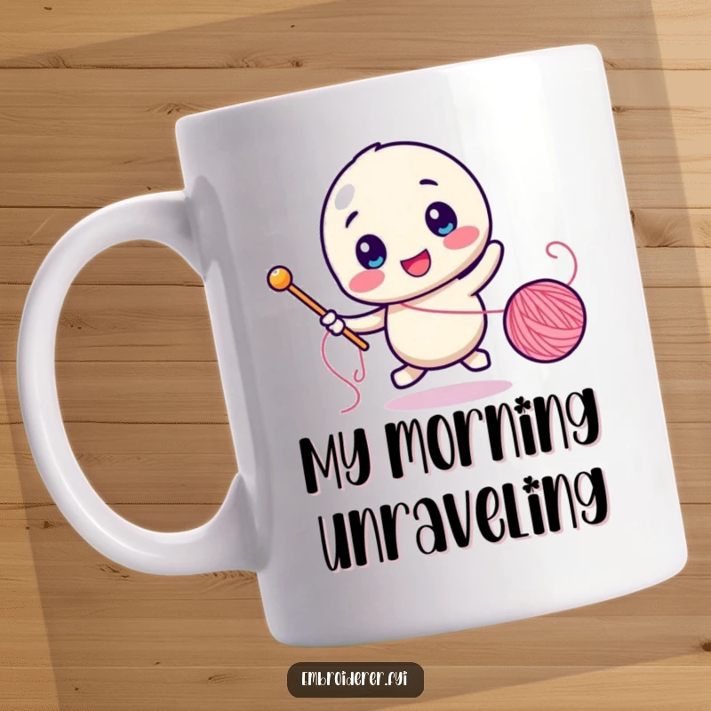 Funny character mug, needle in hand, comically scrambling after a runaway spool of thread, embodying sewing mayhem.