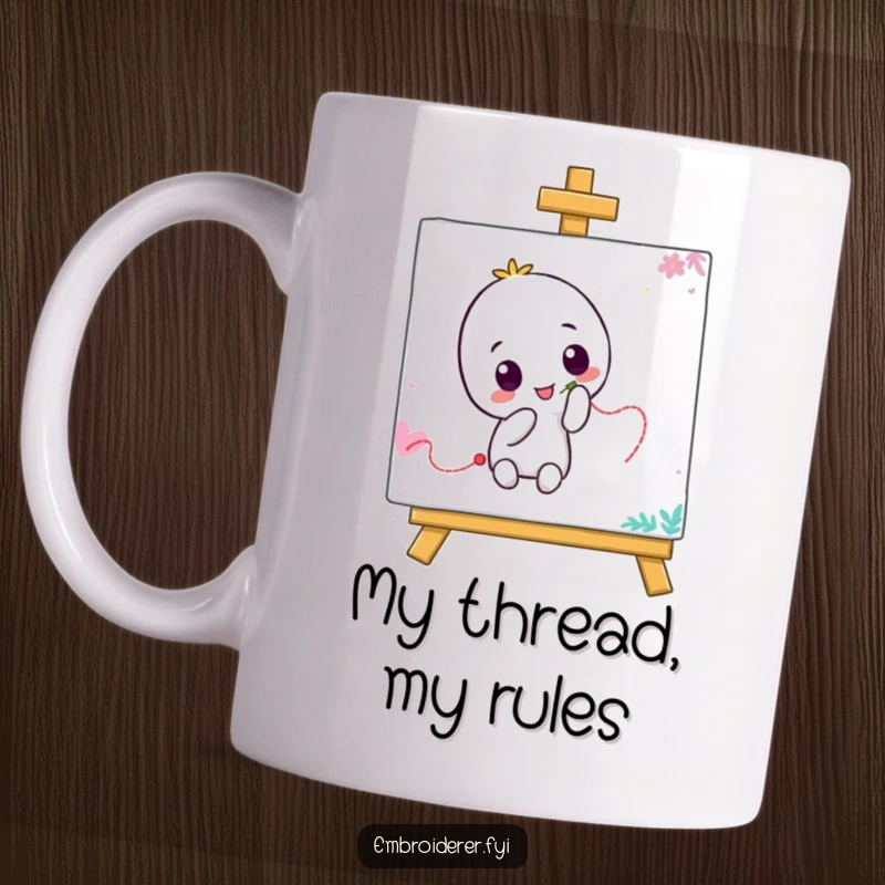 Funny mug featuring a playful character with a needle, joyfully drawing a wiggly thread line on a colorful canvas, inspiring quirky creativity.