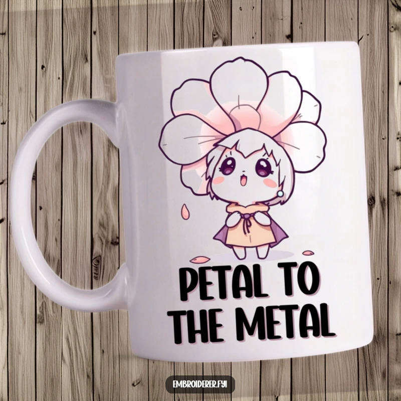 Funny, surprised character looking up as a large embroidered flower petal drifts down onto a mug.